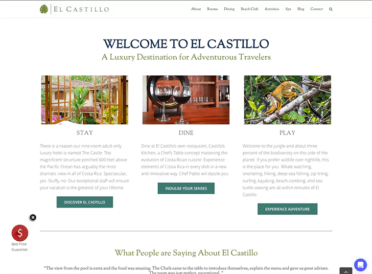 El Castillo Boutique Luxury Hotel Website Screenshot